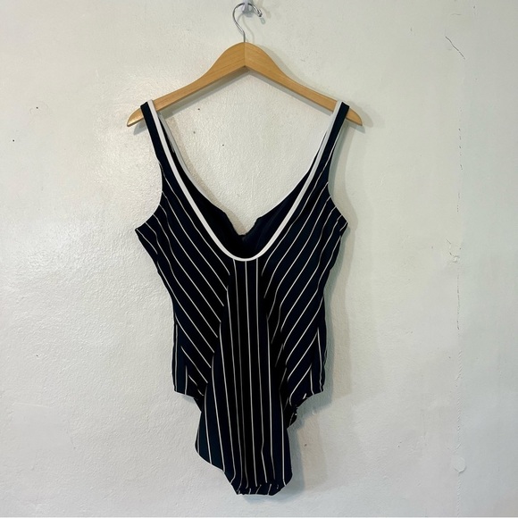 Vtg Cole of California One Piece Swimsuit Sz 16 Vertical Striped Black Pin Up - Picture 2 of 11